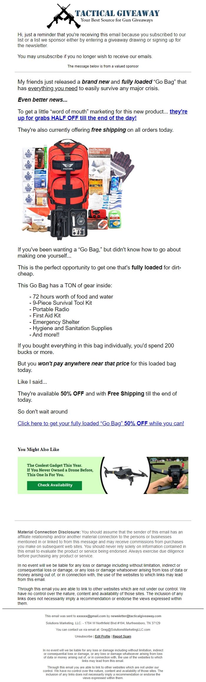 Screenshot of the email generated on import