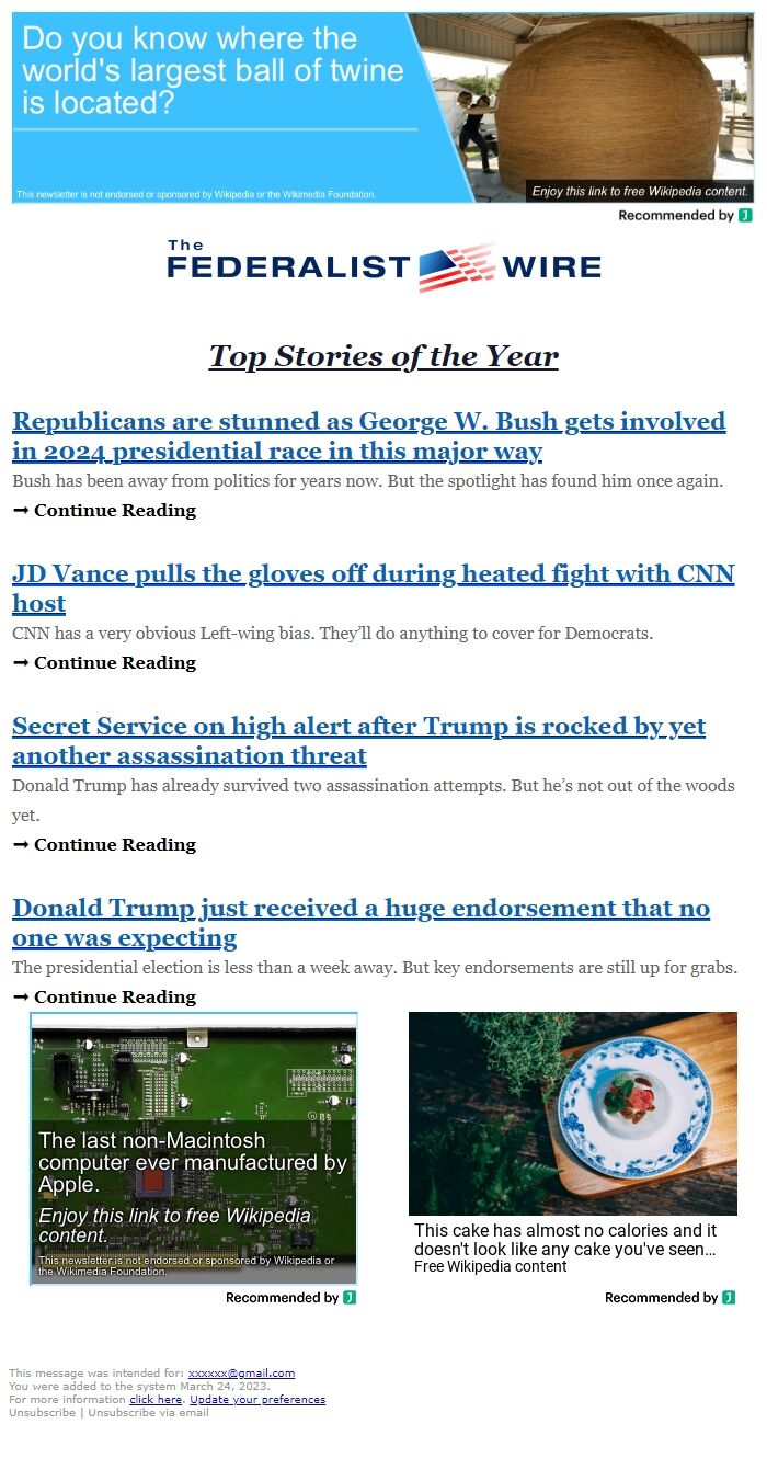 Screenshot of the email generated on import