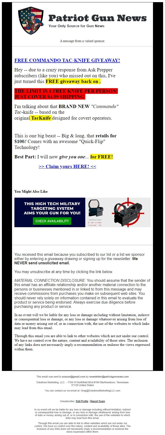 Screenshot of the email generated on import