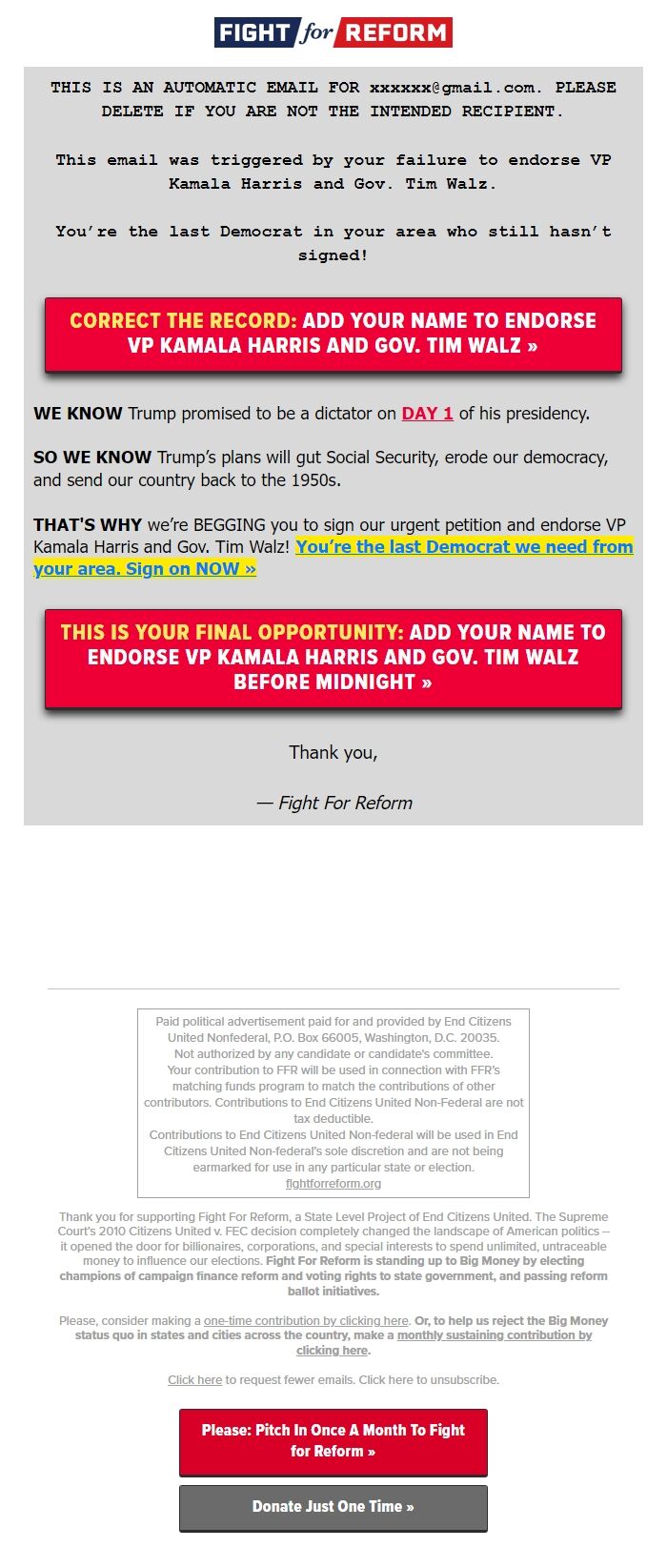 Screenshot of the email generated on import