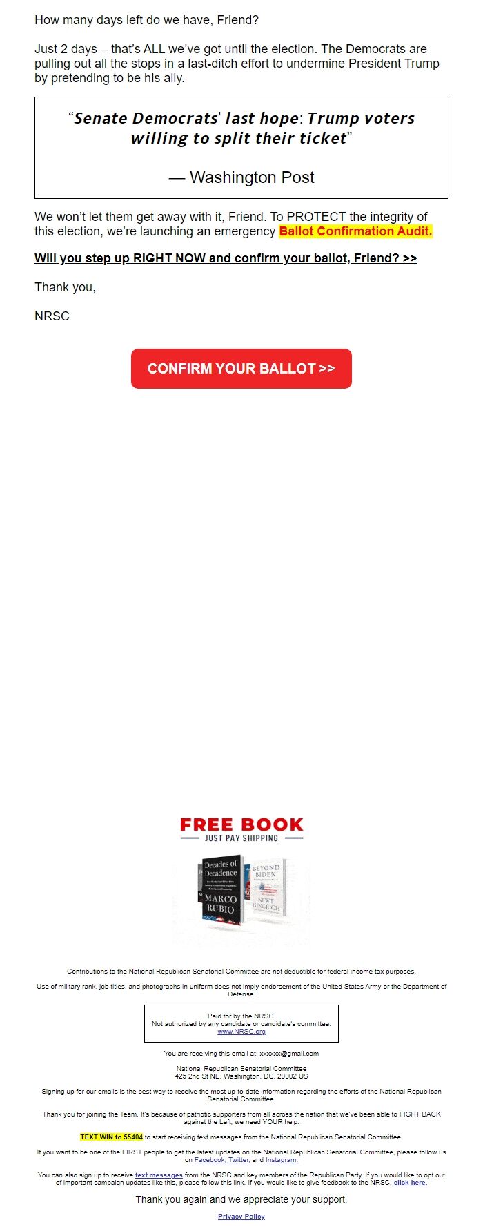 Screenshot of the email generated on import