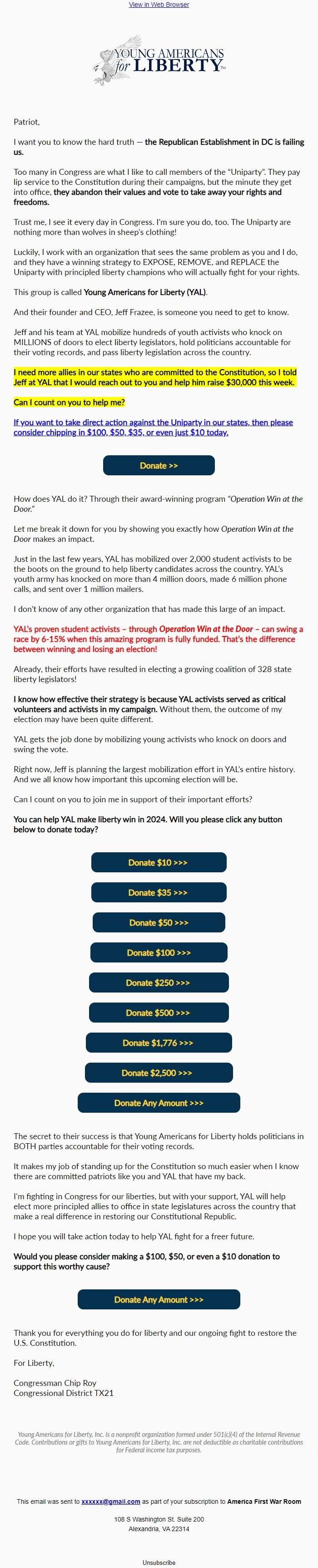 Screenshot of the email generated on import