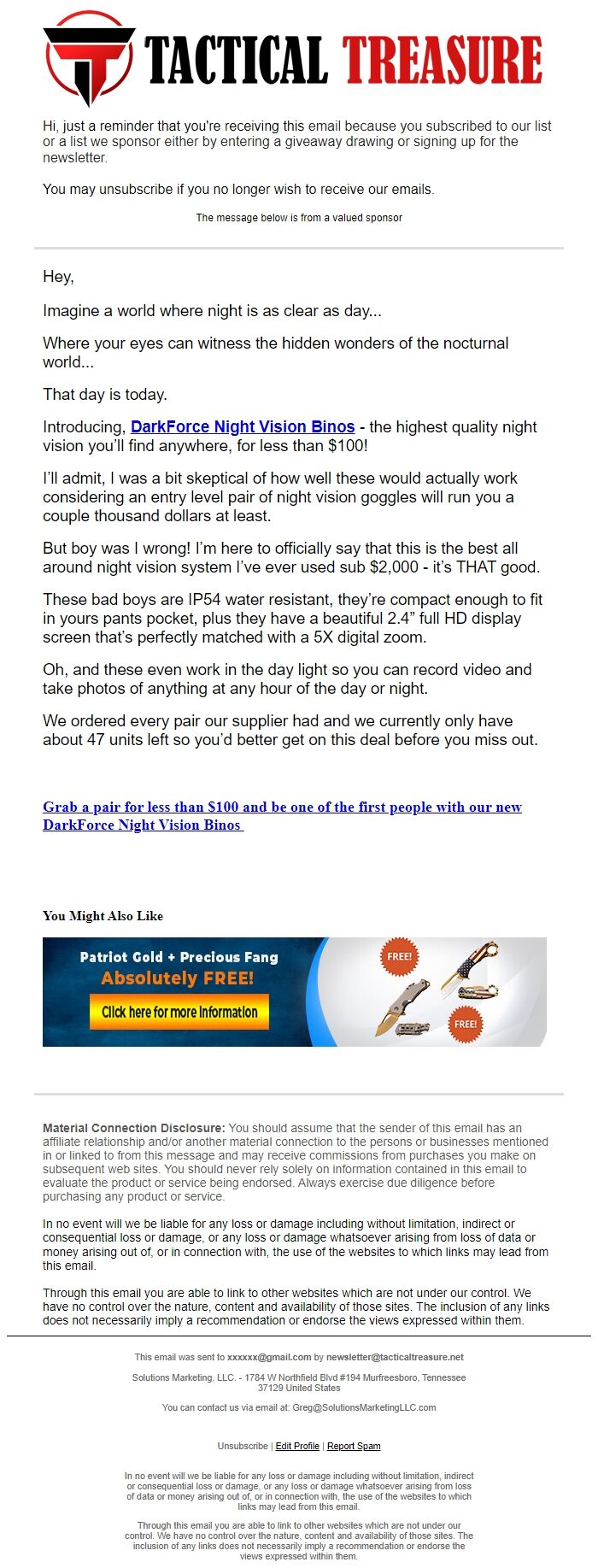 Screenshot of the email generated on import