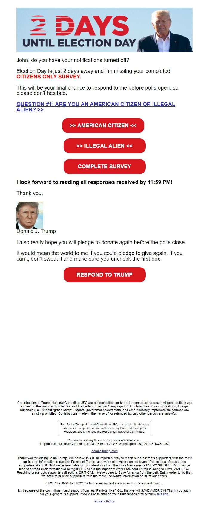 Screenshot of the email generated on import