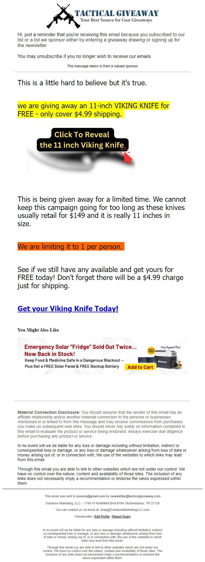 Screenshot of the email generated on import