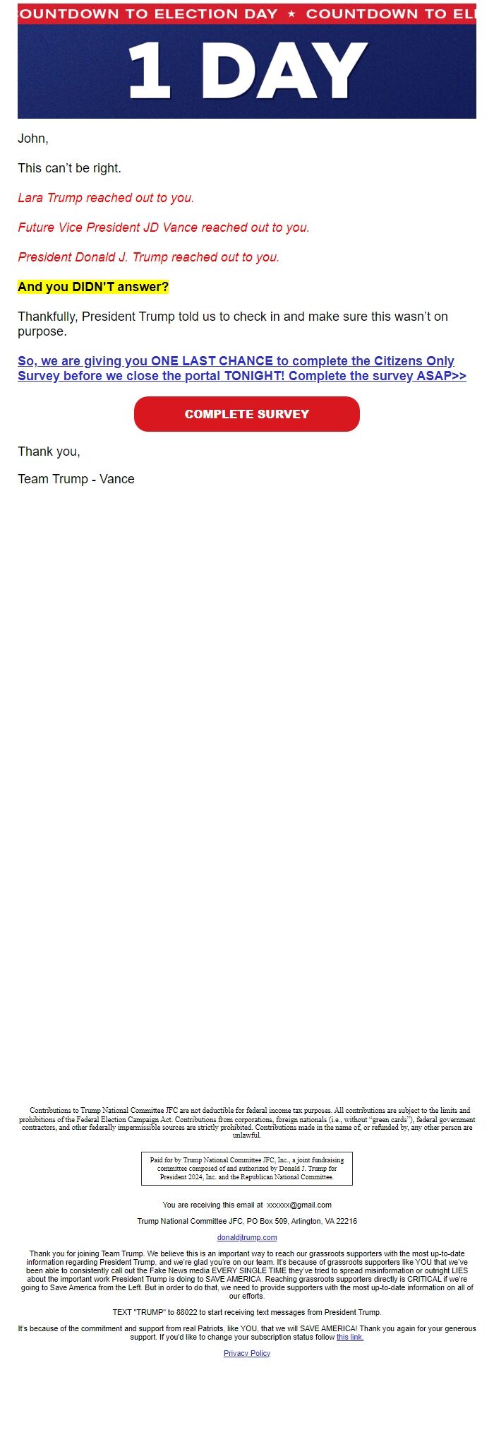 Screenshot of the email generated on import