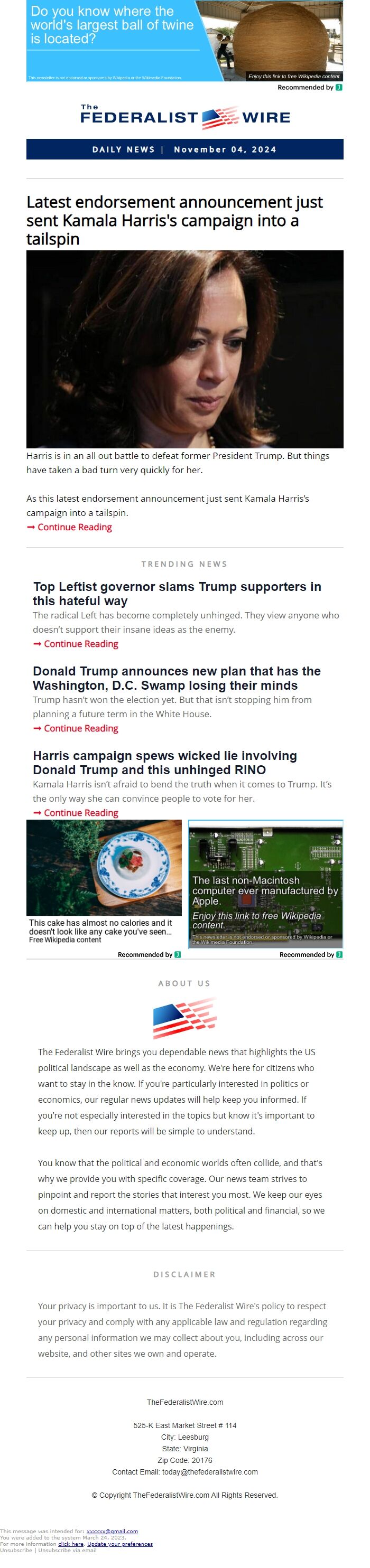 Screenshot of the email generated on import