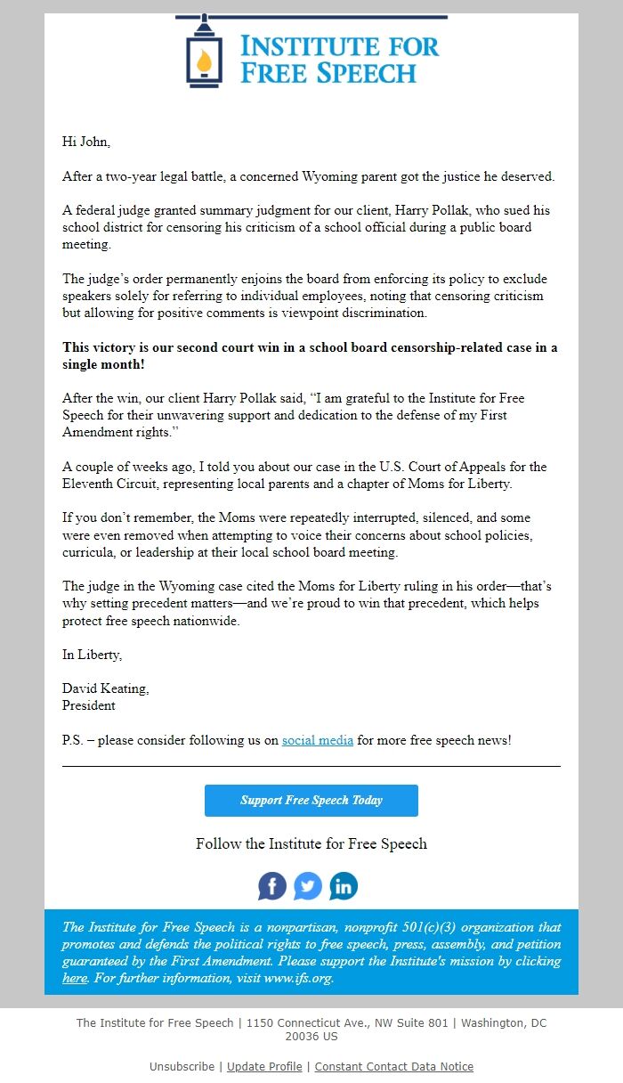 Screenshot of the email generated on import