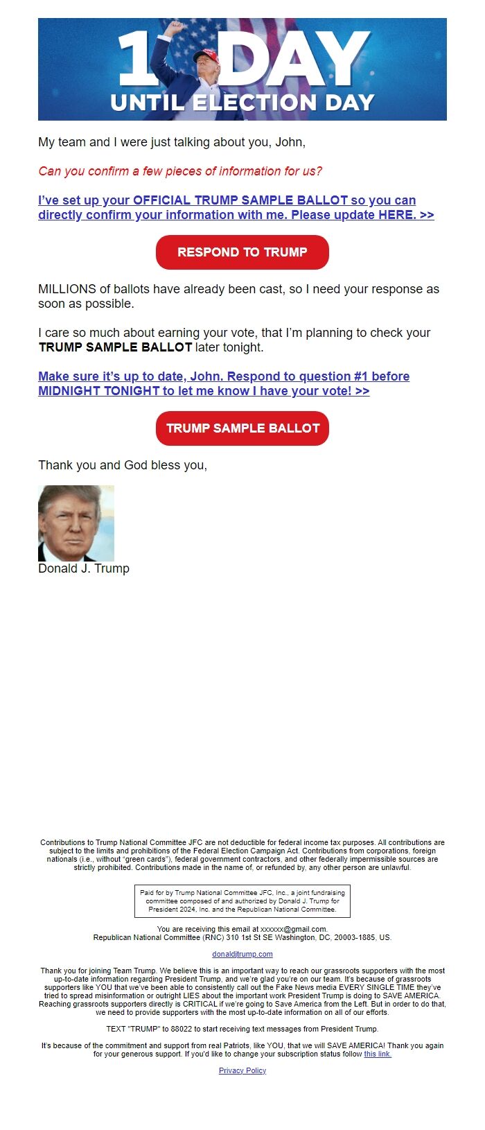 Screenshot of the email generated on import