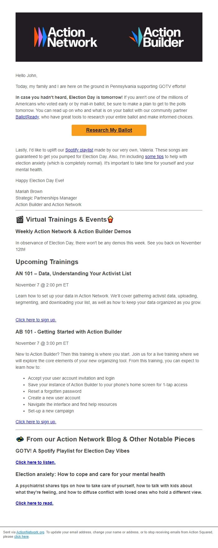 Screenshot of the email generated on import