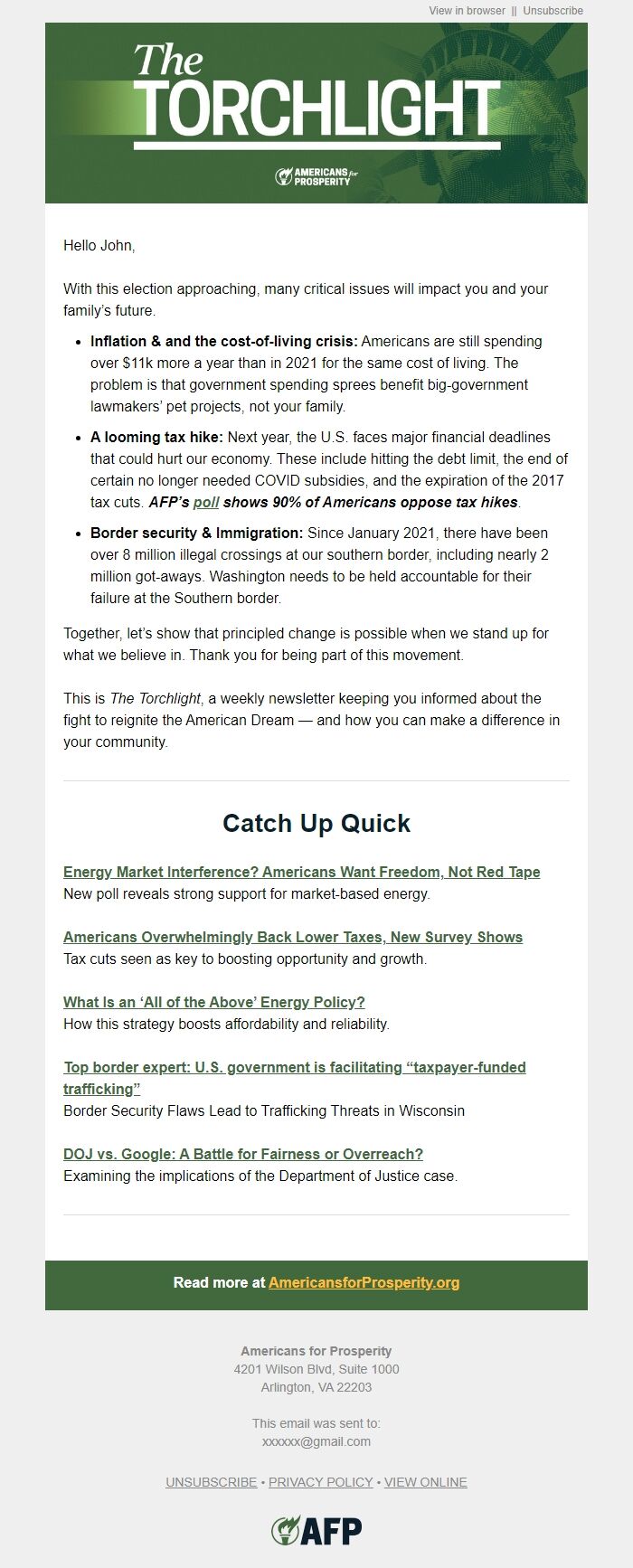 Screenshot of the email generated on import