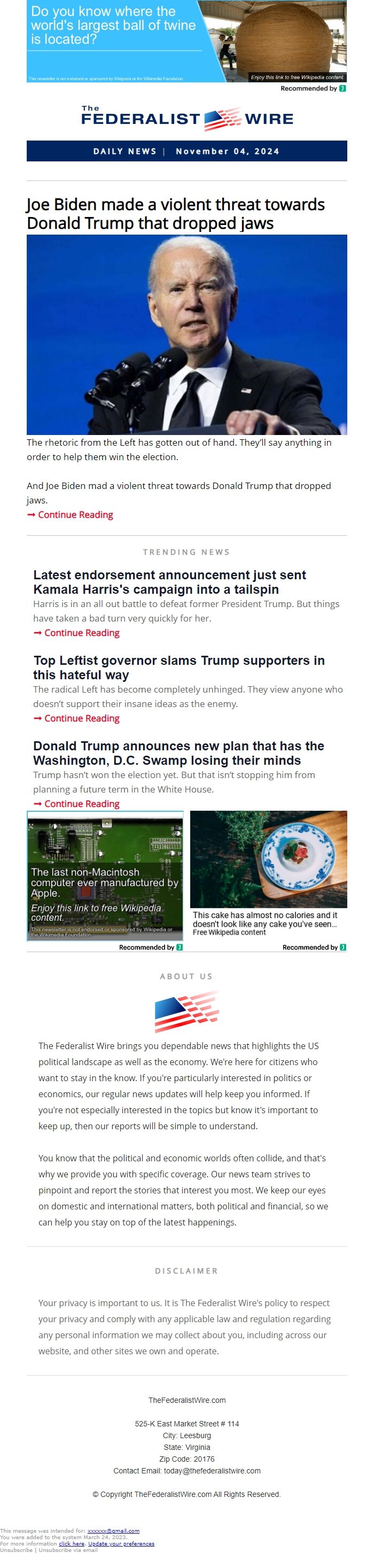 Screenshot of the email generated on import