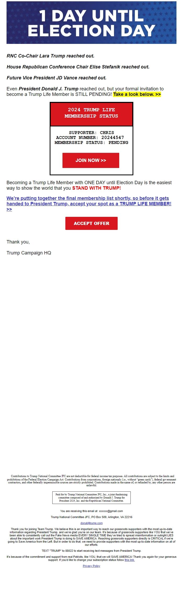 Screenshot of the email generated on import