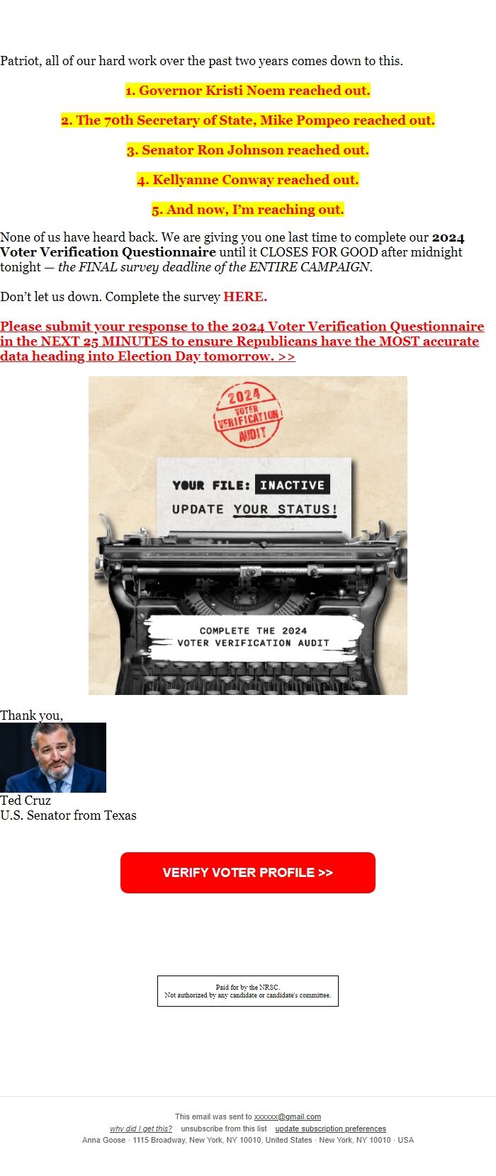 Screenshot of the email generated on import