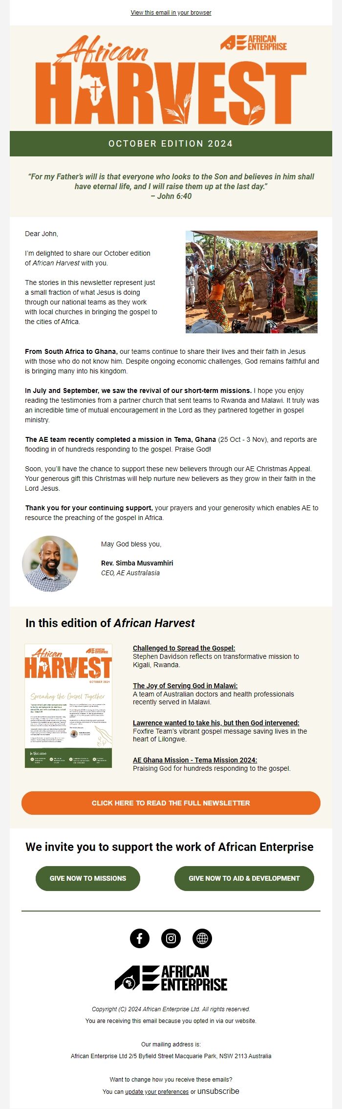 Screenshot of the email generated on import