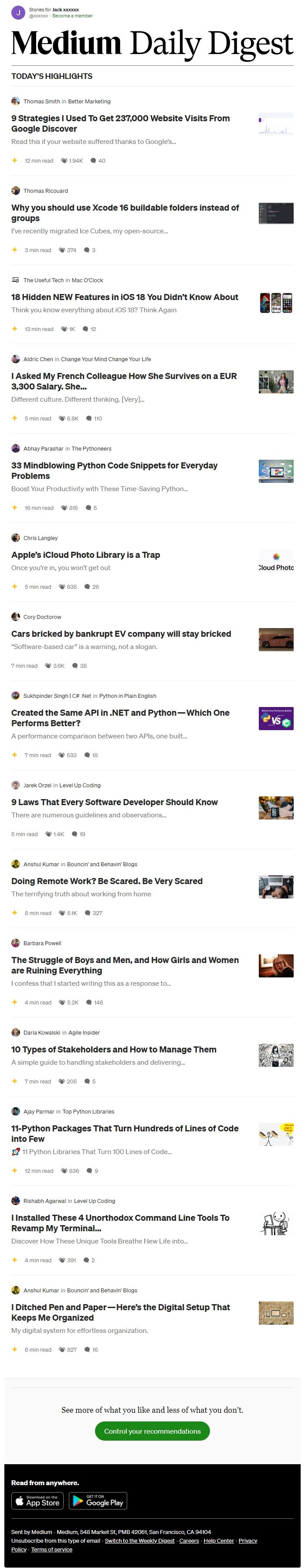 Screenshot of the email generated on import