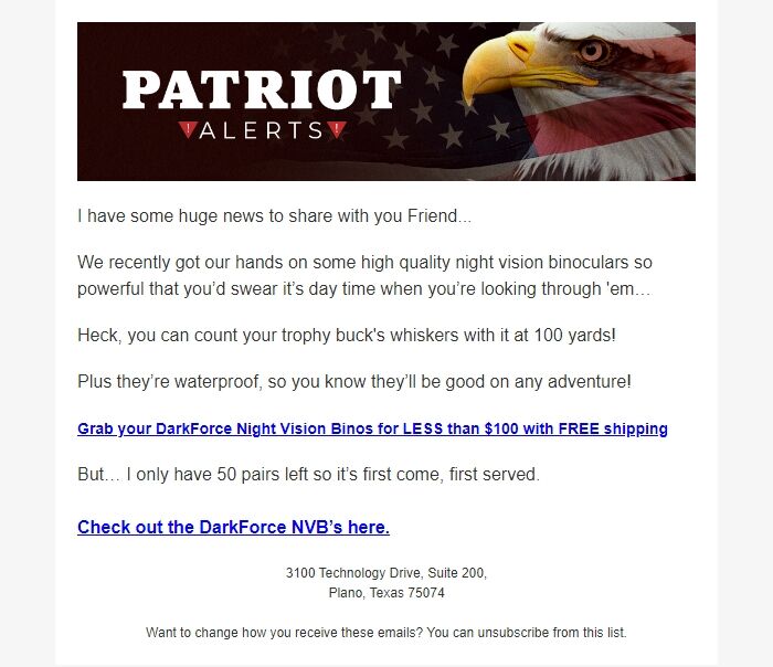 Screenshot of the email generated on import