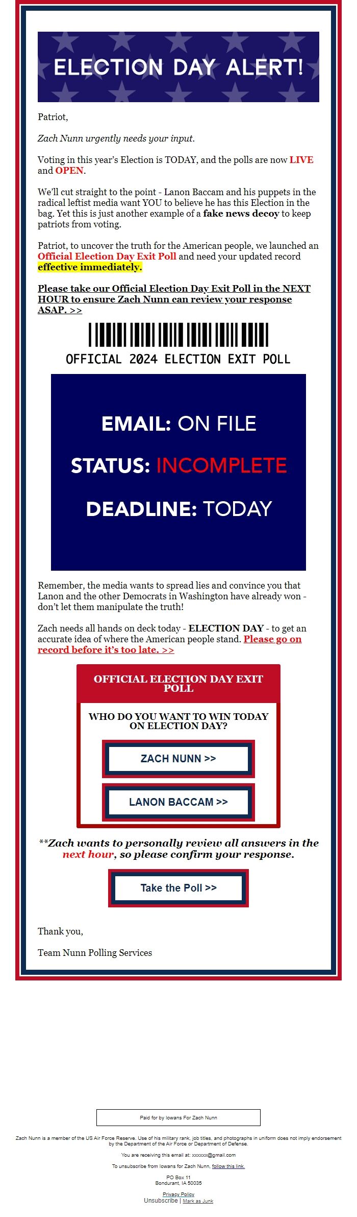 Screenshot of the email generated on import