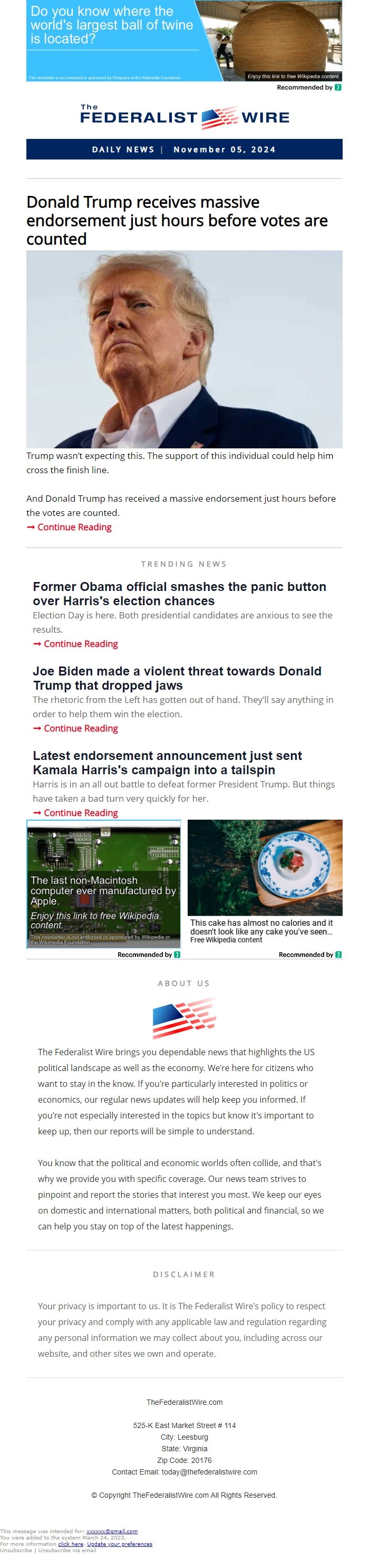 Screenshot of the email generated on import