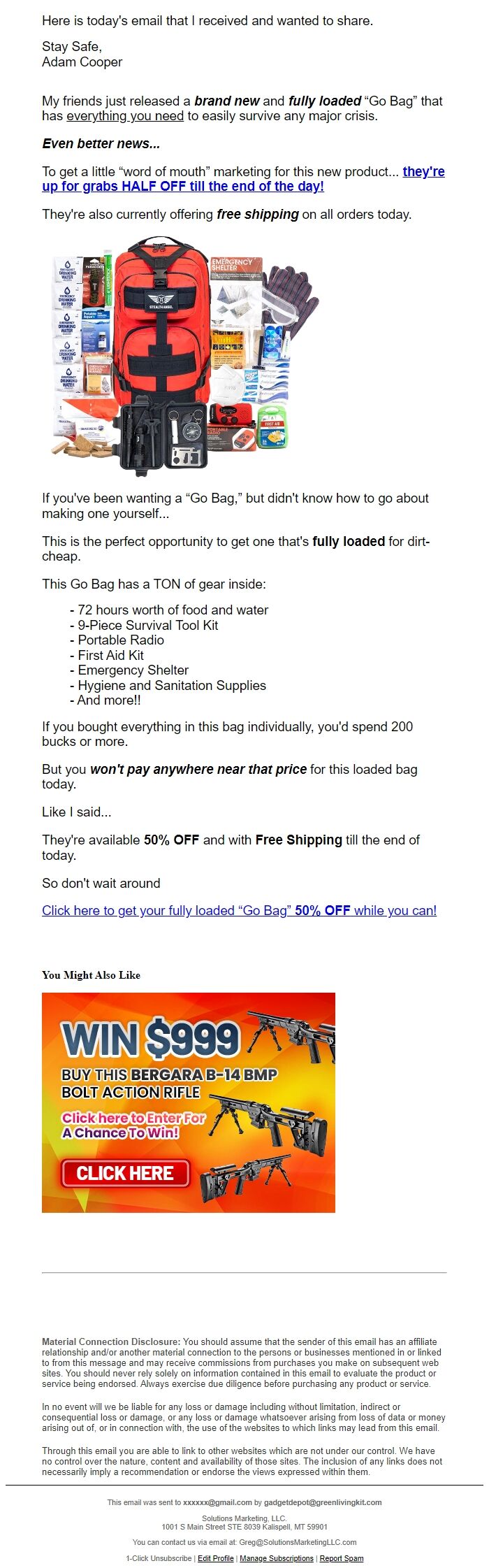 Screenshot of the email generated on import