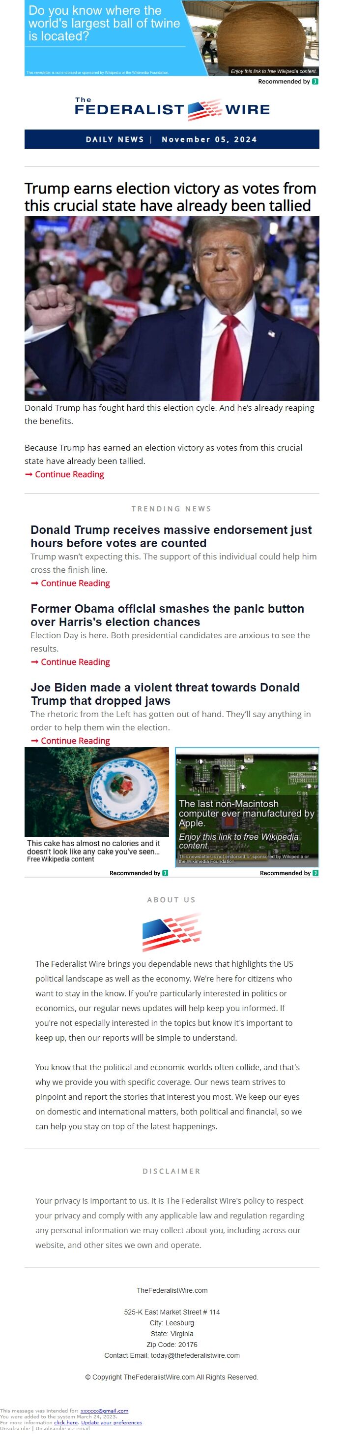 Screenshot of the email generated on import