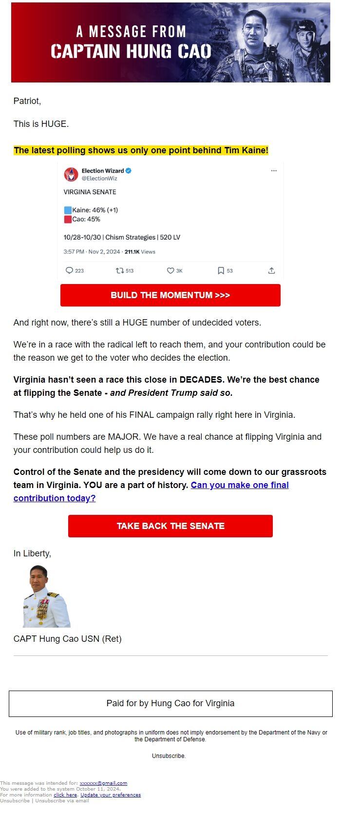 Screenshot of the email generated on import