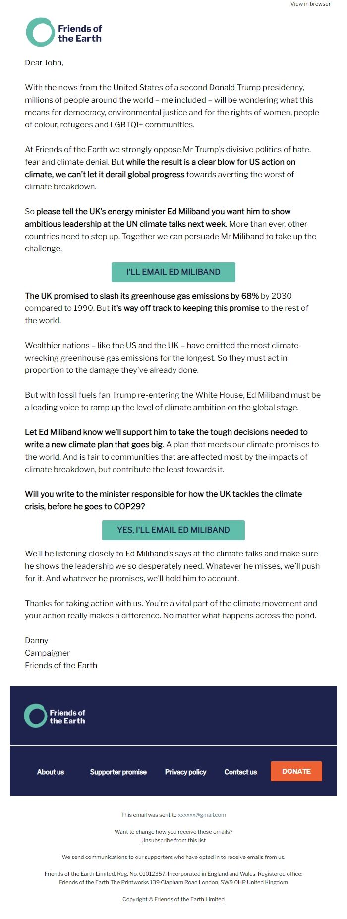 Screenshot of the email generated on import