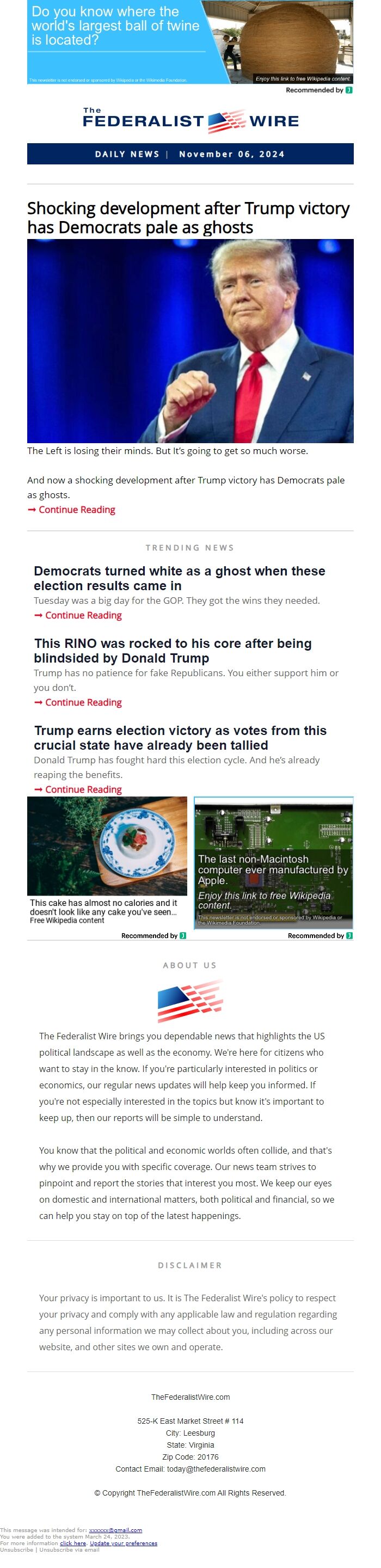 Screenshot of the email generated on import