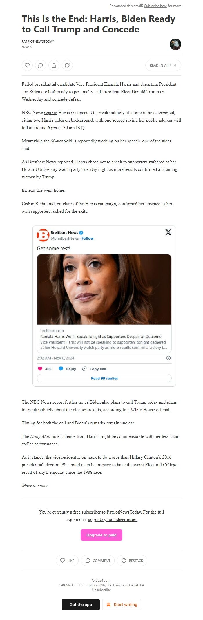 Screenshot of the email generated on import