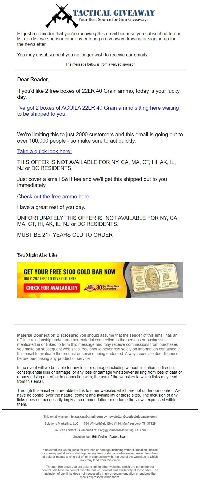 Screenshot of the email generated on import