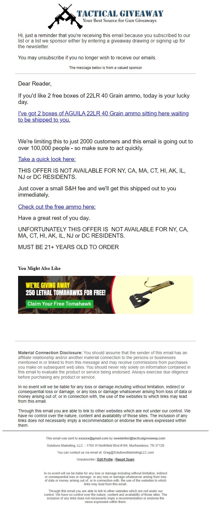 Screenshot of the email generated on import