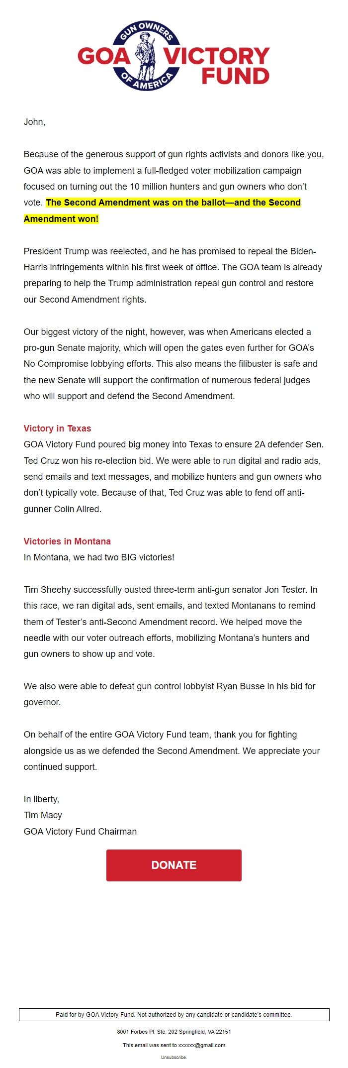 Screenshot of the email generated on import