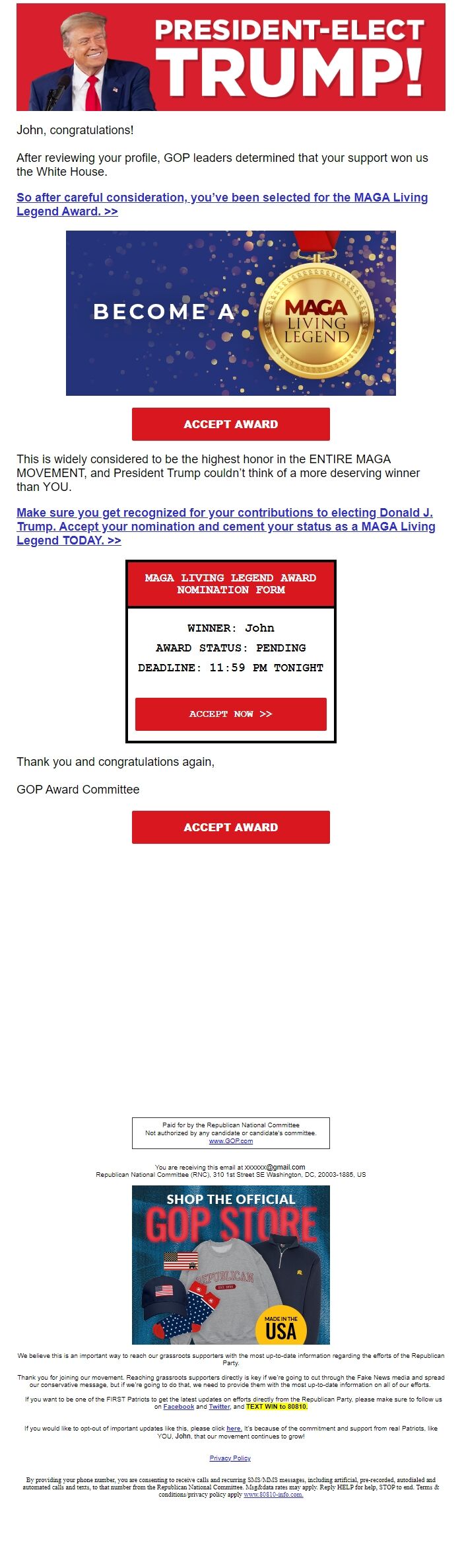 Screenshot of the email generated on import