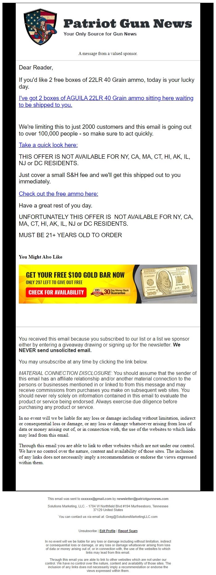 Screenshot of the email generated on import