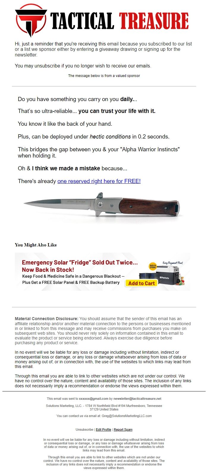 Screenshot of the email generated on import