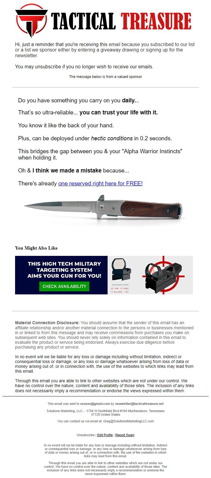 Screenshot of the email generated on import