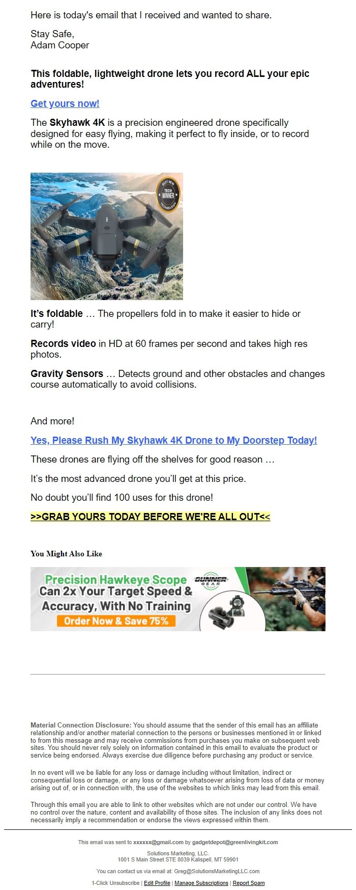 Screenshot of the email generated on import