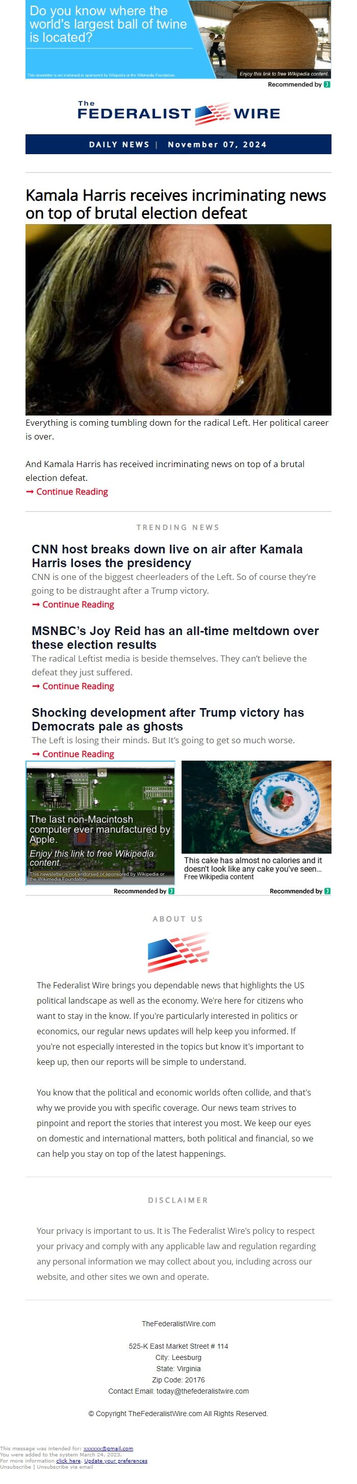 Screenshot of the email generated on import