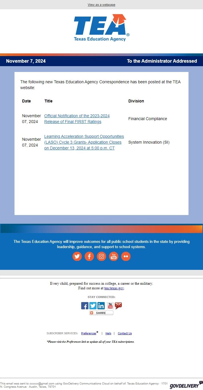 Screenshot of the email generated on import