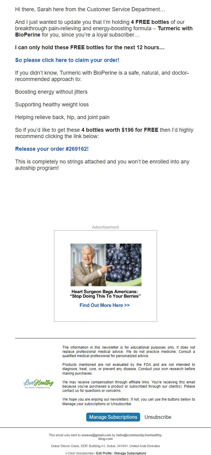 Screenshot of the email generated on import