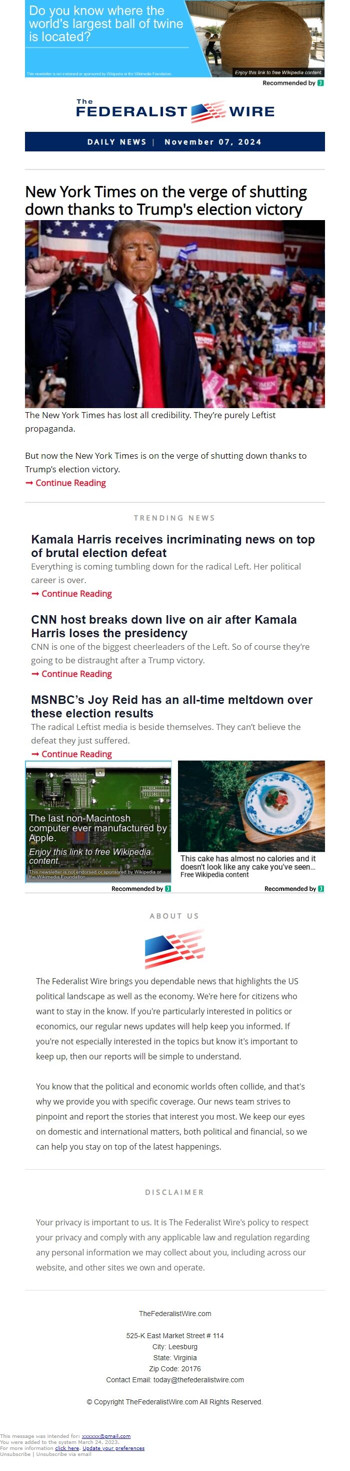 Screenshot of the email generated on import