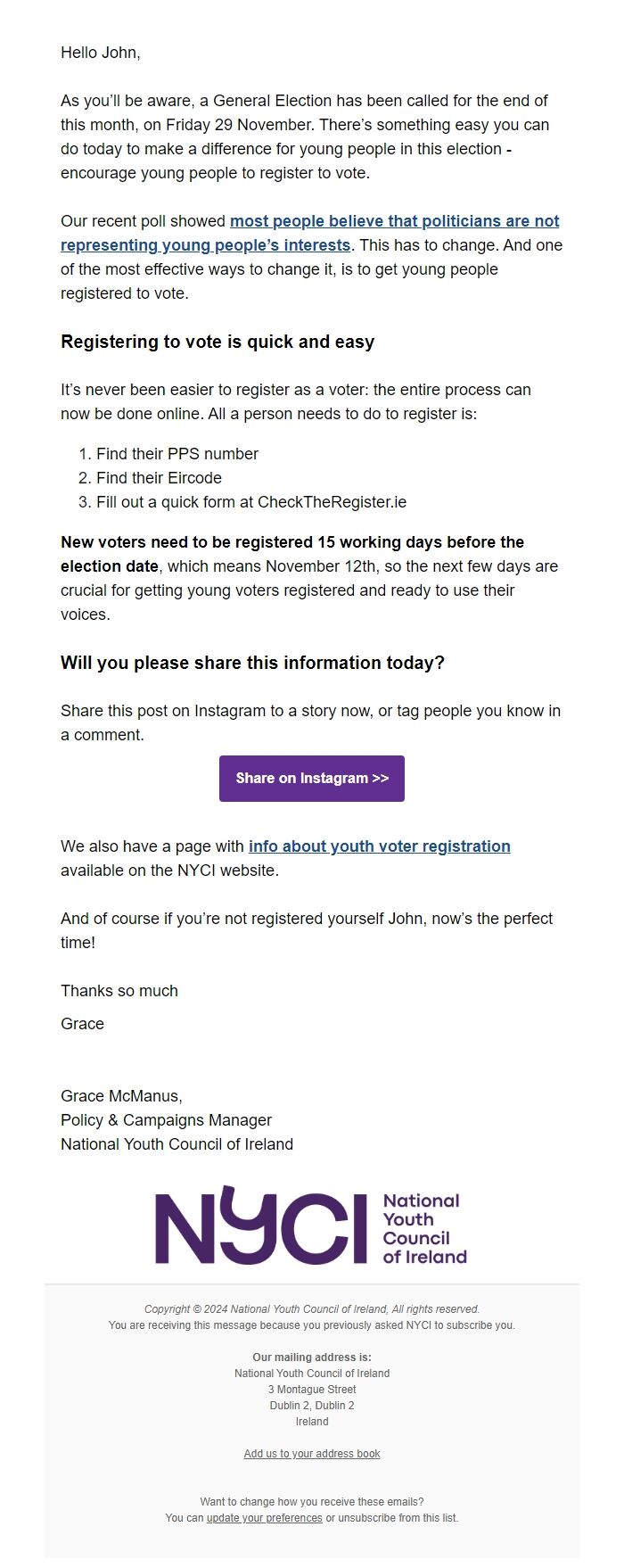 Screenshot of the email generated on import
