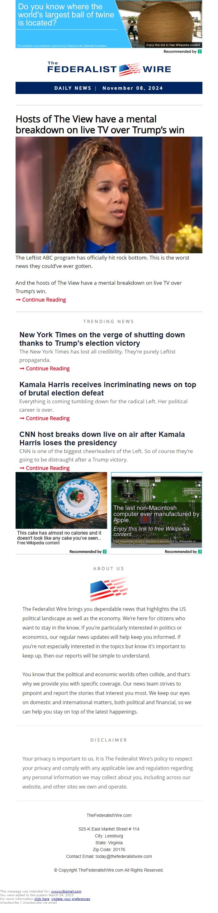 Screenshot of the email generated on import