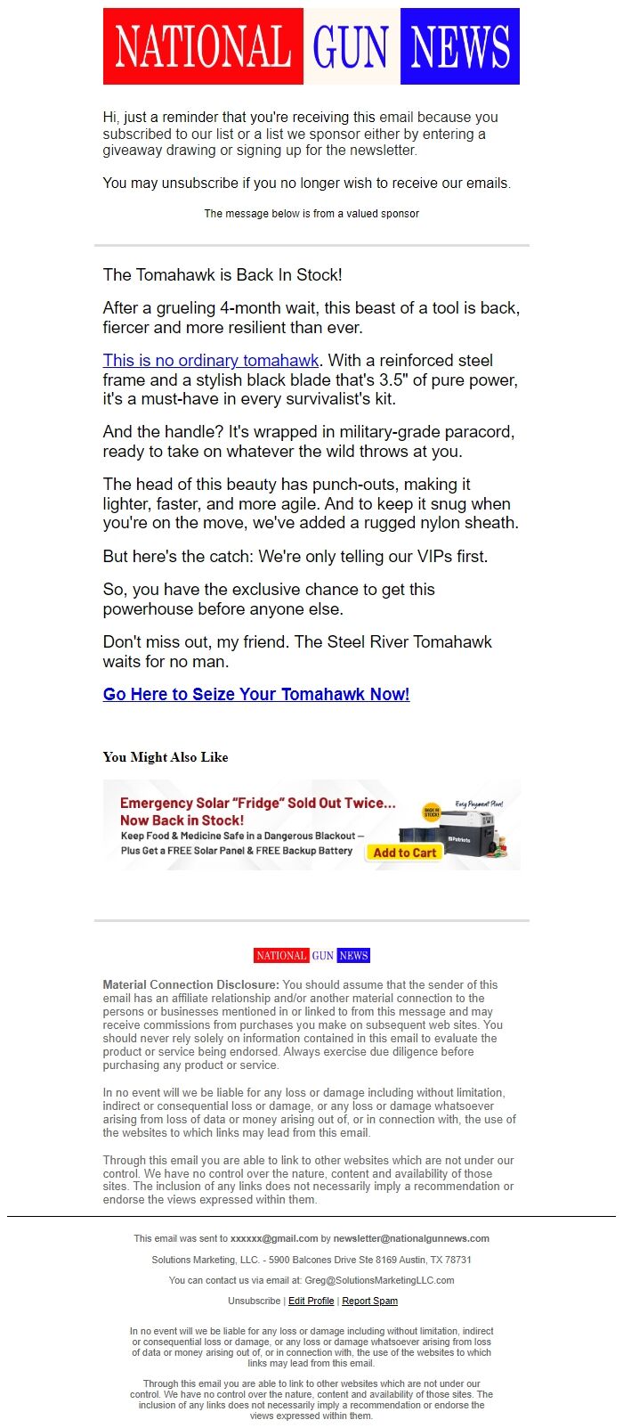 Screenshot of the email generated on import