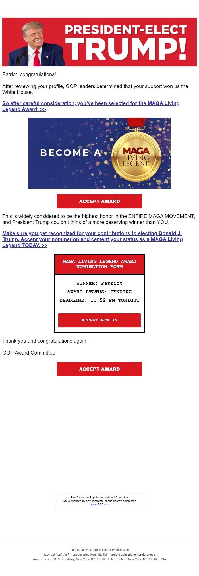 Screenshot of the email generated on import