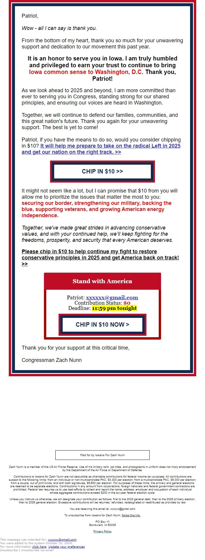 Screenshot of the email generated on import