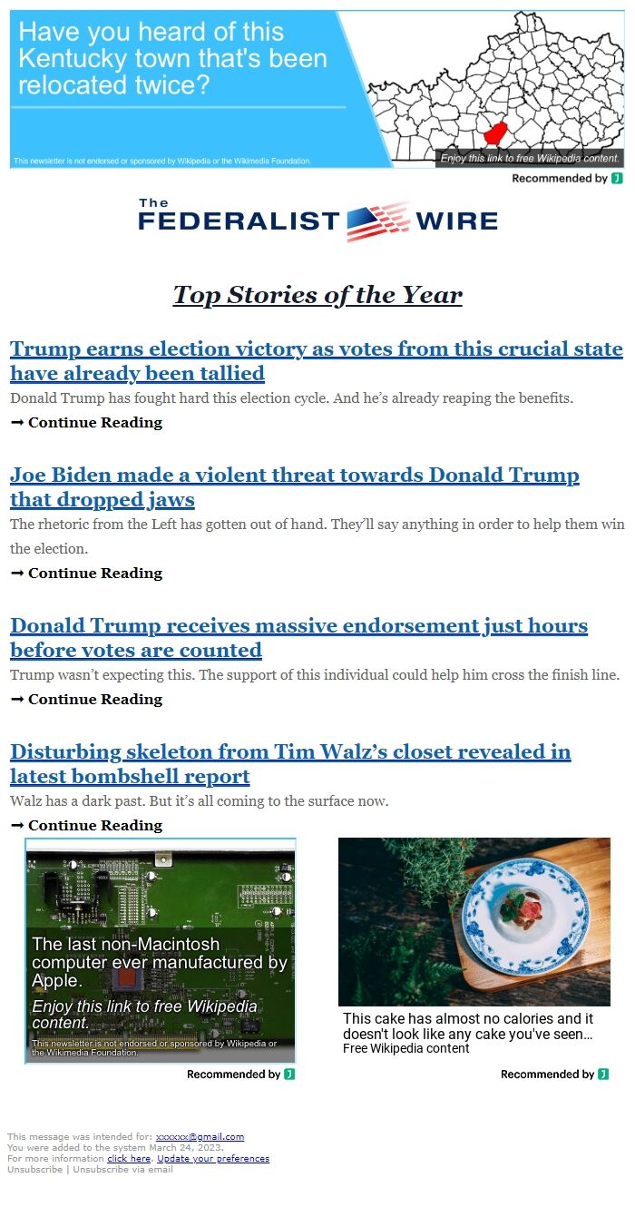 Screenshot of the email generated on import