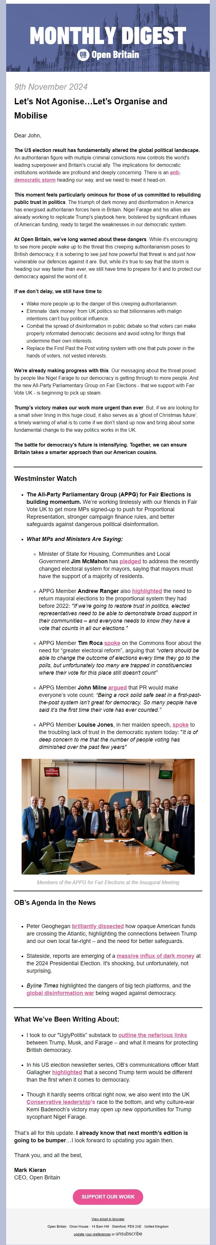 Screenshot of the email generated on import