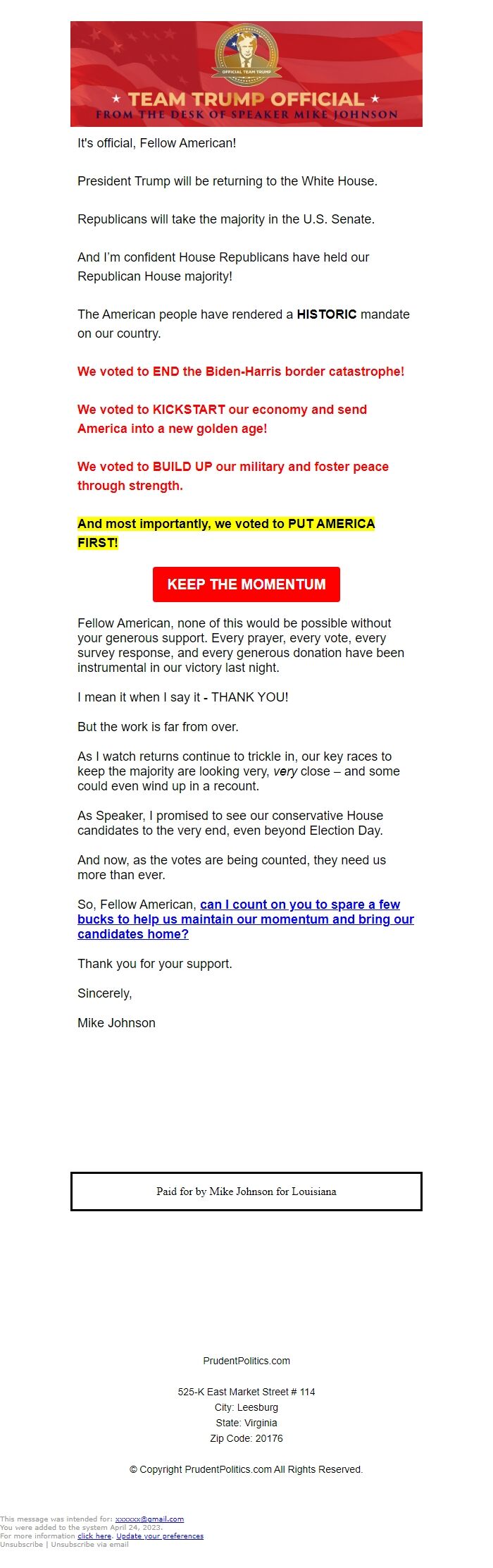 Screenshot of the email generated on import