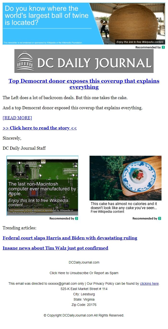 Screenshot of the email generated on import